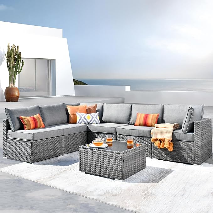 ovios Outdoor 7 Piece Coversation Set with Coffee Table,Sectional Patio Furniture Set with All-Weather Wicker Sofa,Modern Outside Couch for Balcony Backyard Pool, Dark Grey
