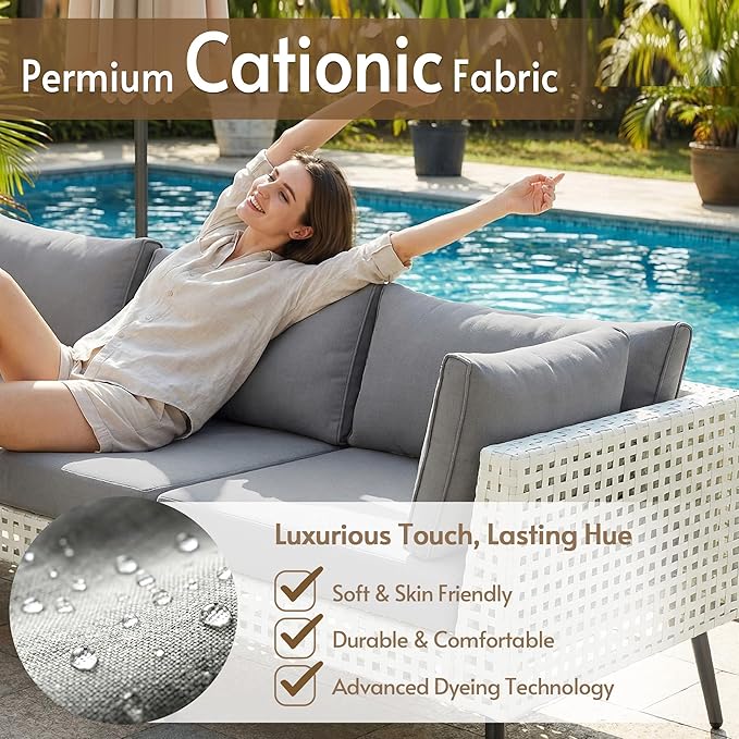 5 Piece Patio Furniture Set with Fire Pit Table (55" 50000BTU Propane), Patio Sectional with Upgraded Cationic Fabric Cushions & Outdoor Open Weave Wicker for Garden, Poolside, Backyard