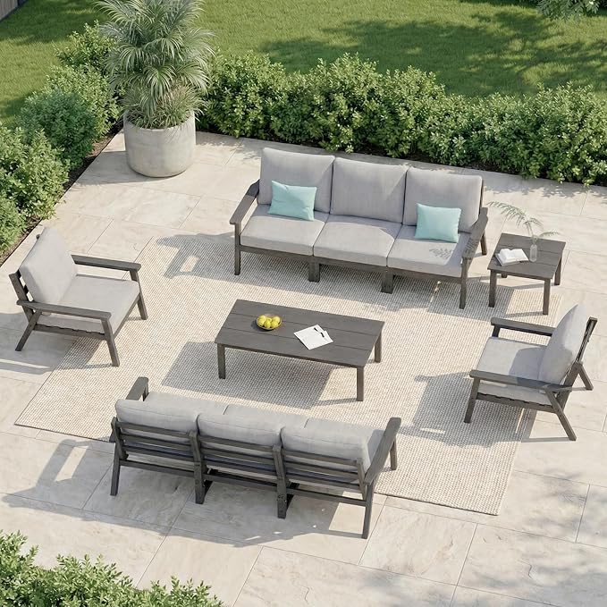 LOUNZY HDPE Patio Conversation Set, 3 pcs Sectional Outdoor Furniture Set, All Weather Outdoor Couch Set Patio Furniture Set for Deck, Lawn, Grey
