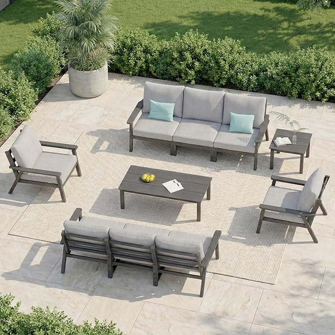 LOUNZY HDPE Patio Furniture Set,10 Pieces Sectional Outdoor Furniture Set, All Weather Outdoor Couch Set Patio Conversation Set for Deck, Lawn, Grey