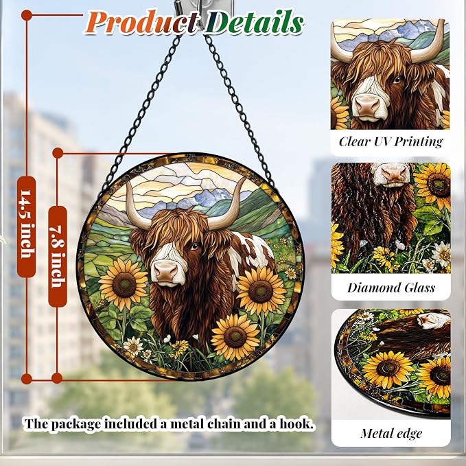 Highland Cow Stained Glass Suncatcher Window Hanging Gifts for Women Men | 7.8in Garden Sun Catcher, Cow Sunflowers Ornament for Windows Door Home, Mother's Day Birthday Gifts for Animal Lovers