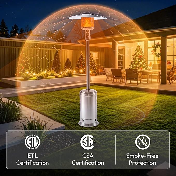 HEXAGO Outdoor Propane Patio Heater, 47,000 BTU Stainless Steel Standing Heater with Wheels, One-Touch Ignition & Adjustable Heat Control, Safety Auto Shut-Off System for Garden, Backyard & Restaurant