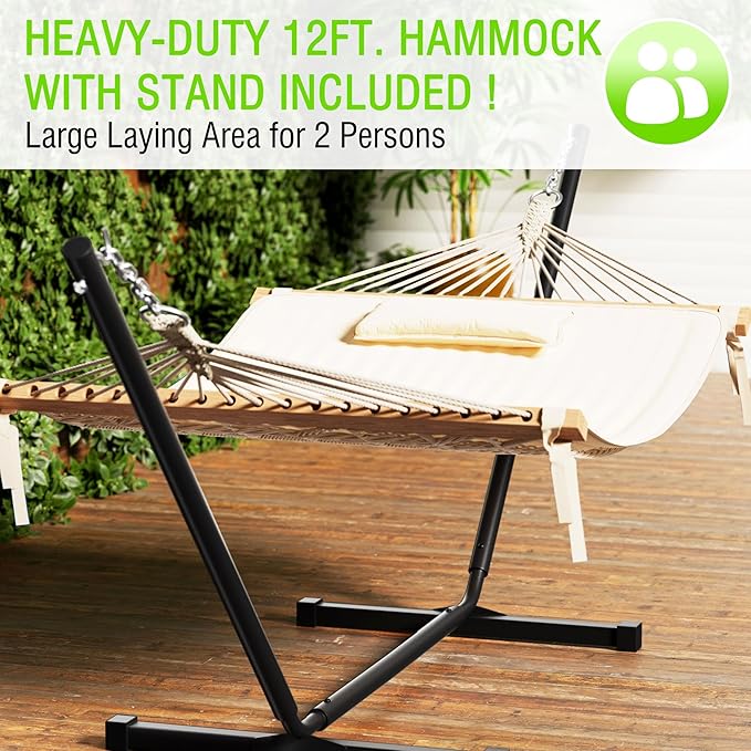 MUPATER 12FT Double Hammock with Stand Included, 2 Person Outdoor Quilted Hammock with Stand, Rope with Pad and Pillow, hamacas para adultos, White