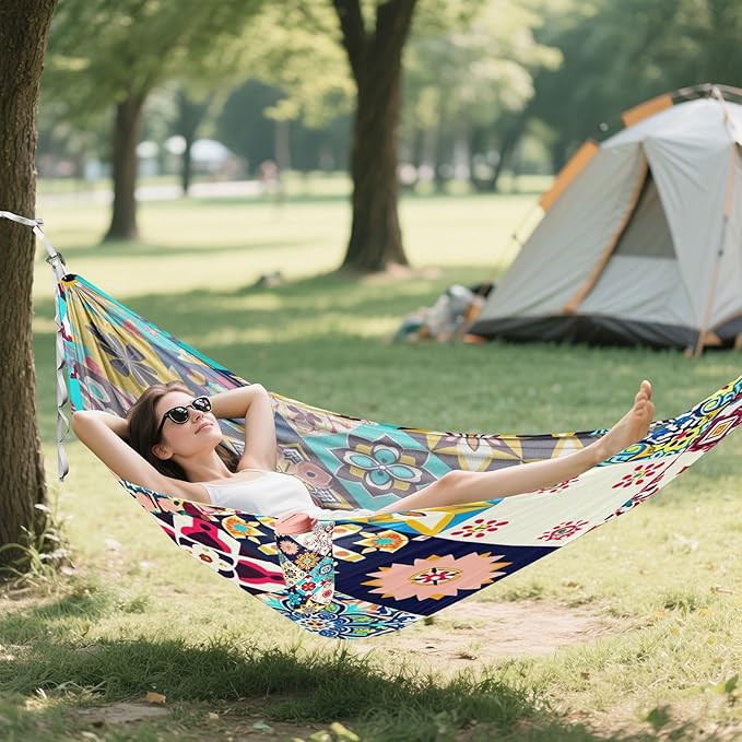 Qilmy Colorful Geometric Pattern Camping Hammock Single – 330 lbs Capacity, Lightweight with Tree Straps & Carabiners, Portable for Hiking, Travel, Backpacking
