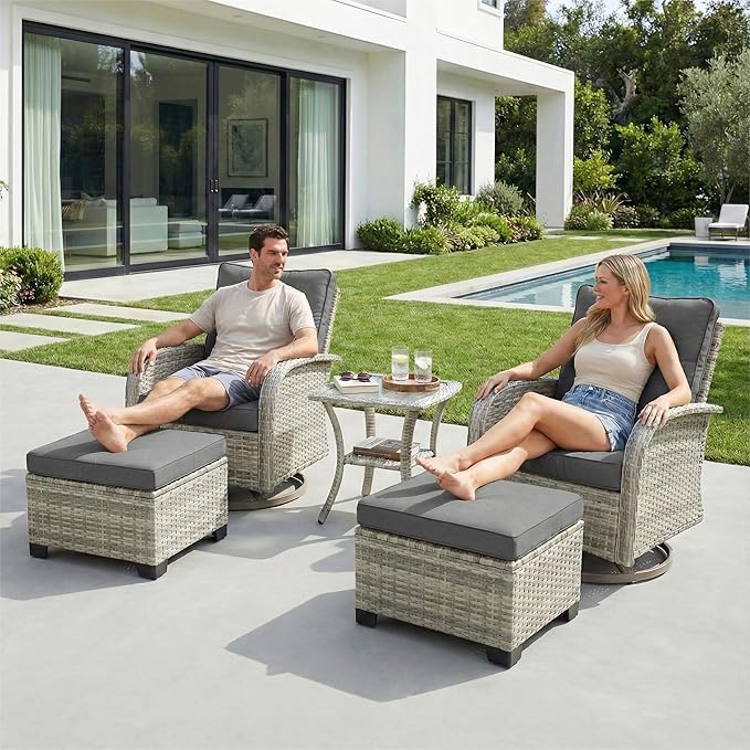 5-Piece Small Patio Furniture Set, Outdoor Swivel Rocking Chairs Set with Ottomans, Patio Bistro Set for Balcony, Deck, Porch, Grey