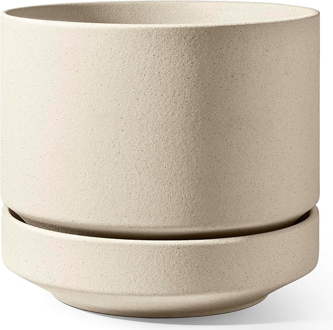LE TAUCI Large 14 Inch Plant Pot with Saucer | Ceramic Outdoor & Indoor Big Planter Pot | Drainage Hole, Mesh Pad | Unglazed Porous | Modern Minimalist for Home and Patio – Speckled Oat