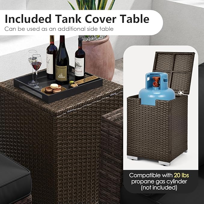 Tangkula 7 Pieces Outdoor Sectional Sofa Set Set with 32” Fire Pit Table and Propane Tank Cover, for Deck, Garden and Backyard, Fire Pit Protective Cover Included (Black)