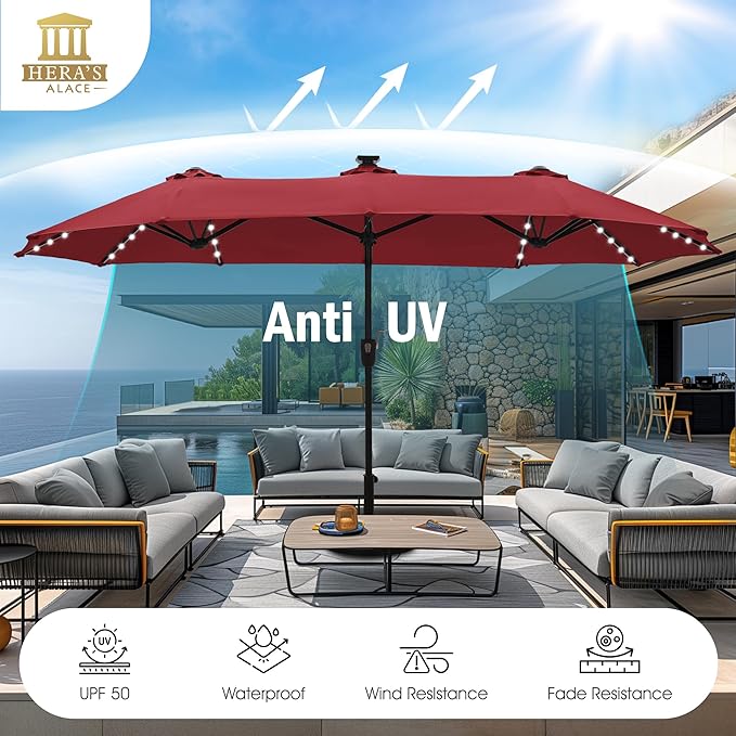 HERA'S PALACE 13ft Patio Umbrella with 120 LED Solar Lights Double Sided Outdoor Umbrella for Patio 8 Colors Changing Table Umbrella Outdoor Patio for Garden Pool