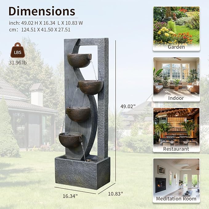 Sunlinua Outdoor Waterfall Fountain 5 Tier Tall Design 49.2 Inch Water Fountain with LED Lights and Pump Decorative Water Feature for Garden Patio Backyard