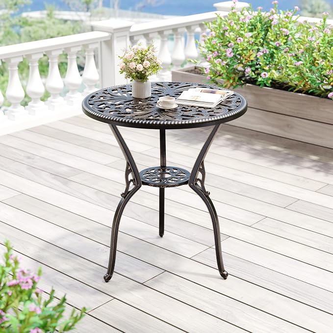 Garvee 23" Round Patio Dining Table with Umbrella Hole,Antique Cast Aluminum Outdoor Bistro Table,Umbrella Table,Side Table,End Table,Outdoor Furniture for Backyard,Garden,Patio,Porch,Bronze