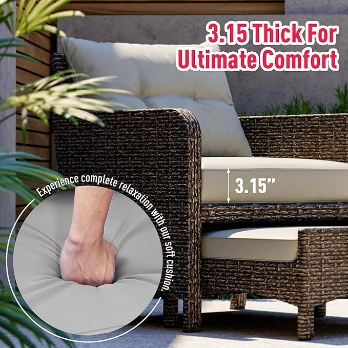 Pamapic 5 Pieces Wicker Patio Furniture Set Outdoor Patio Chairs with Ottomans Conversation Furniture with coffetable for Poolside Garden Balcony(Grey Cushion +Grey Rattan)
