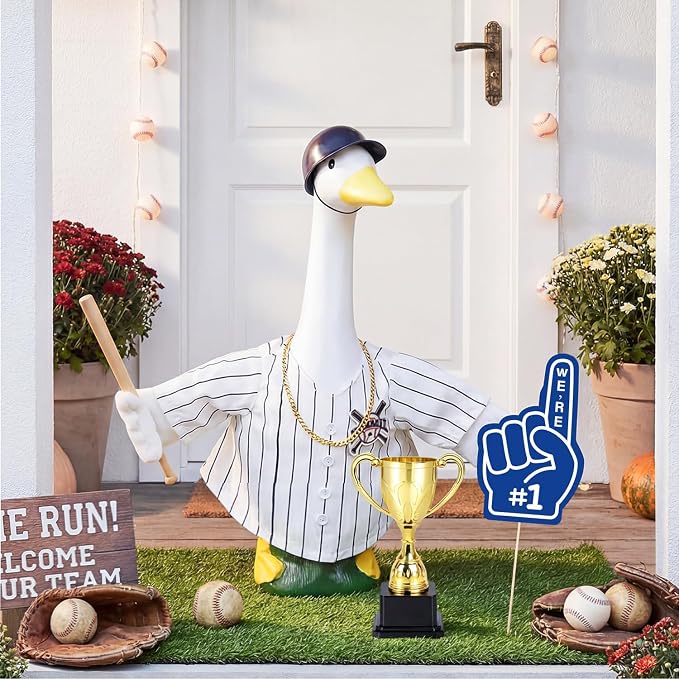 MOVINPE Baseball Goose Outfit for 23" Porch Goose Statue, Blue & White Pinstripe Team Uniform Set with Bat, Glove, Helmet, #1 Yard Sign & Trophy – Sports Lawn Decor Outdoor Patio Yard Decor