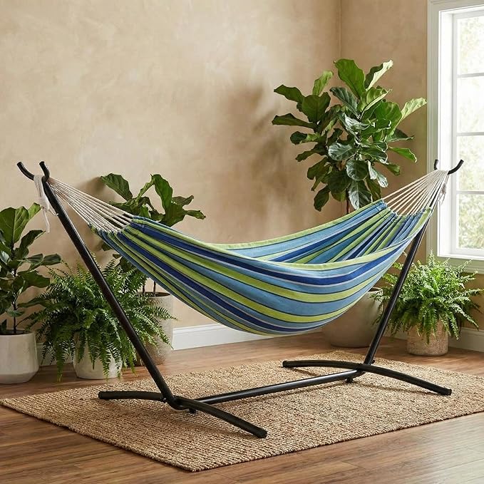 Patikuin Portable Double Hammock with Heavy-Duty Steel Stand, 500 Lbs Capacity, Comfortable Polyester Cotton, Space-Saving Collapsible Design for Outdoor Patio Indoor Use, Blue & Green Stripes