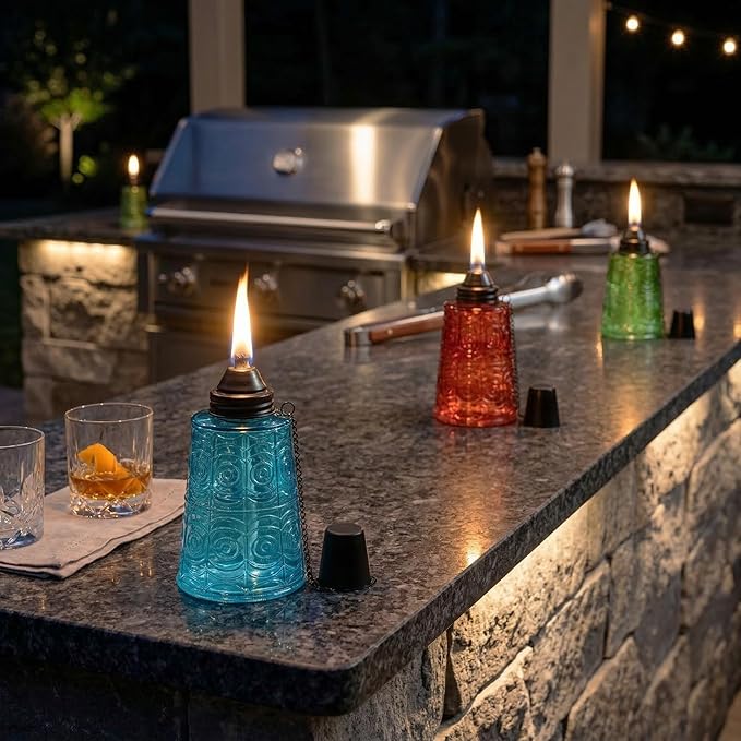Seraphic Citronella Table Top Torches for Outdoor Patio, 16oz Decorative Glass Torch Citronella Candles for Outside Deck, Garden, Parties, Set of 3, Blue/Amber/Green
