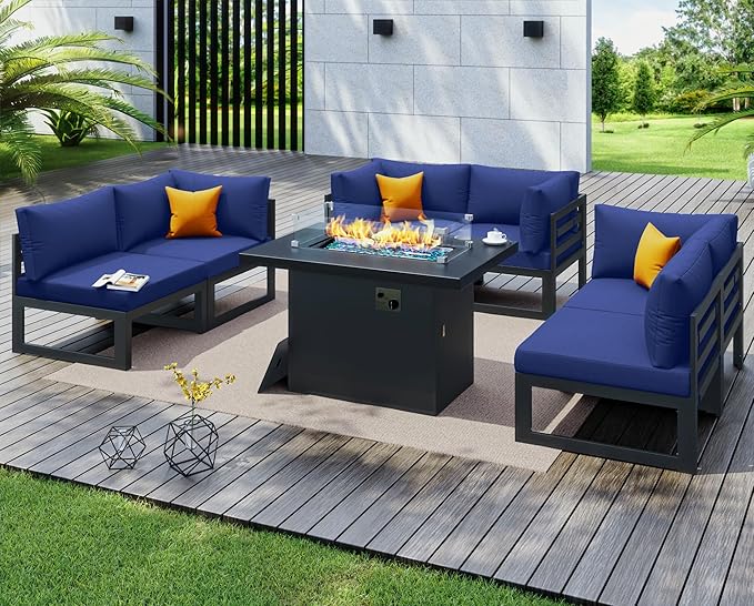 NICESOUL 7 Pcs Large Modern Aluminum Outdoor Patio Furniture Set with Fire Pit Table Propane/Gas, 29" Wide Deep Seat, Fade Resistant Sectional Sofa, 500 lbs Sturdy Backyard Conversation Set, Navy Blue