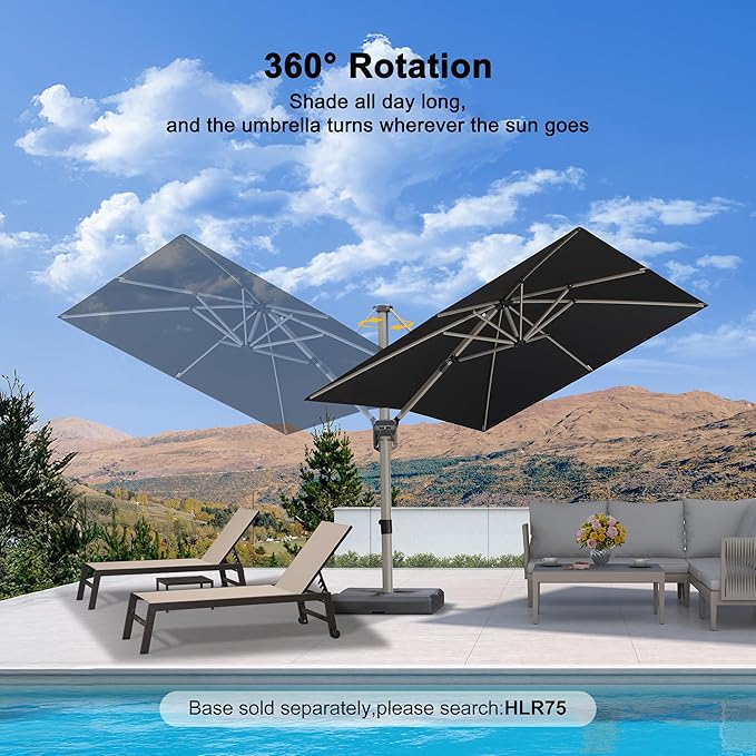 PURPLE LEAF 8’ X 8‘ Patio Umbrella Outdoor Cantilever Umbrella, Aluminum Offset Umbrella with Champagne Frame and 360° Rotation for Pool Deck Garden, Black