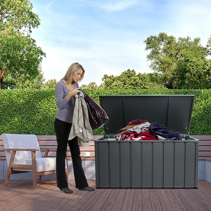 Domi Outdoor Storage Deck Box 120 Gallon, Waterproof Lockable Steel Outdoor Storage Container for Outside Cushions, Garden Tools and Pools Equipment, Gray