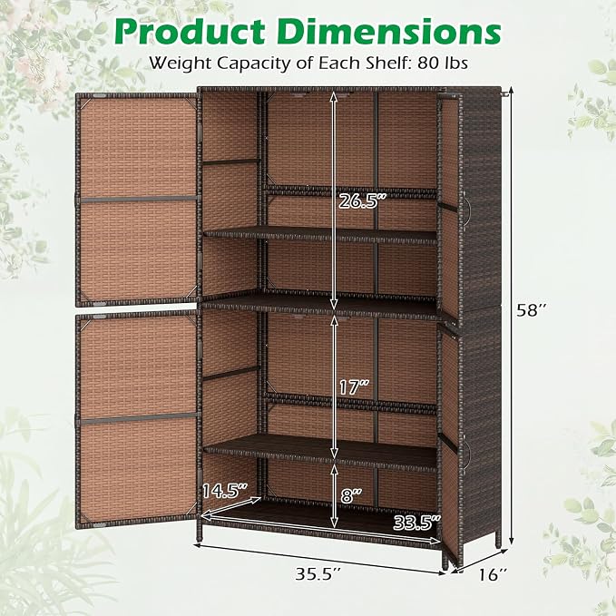 Tangkula Rattan Outdoor Storage Cabinet with 2 Adjustable Shelves | Patiojoy Outdoor Cabinet with Adjustable Shelves, 4 Doors, Patio Storage Deck Box Table for Patio Garden Poolside, Mix Brown
