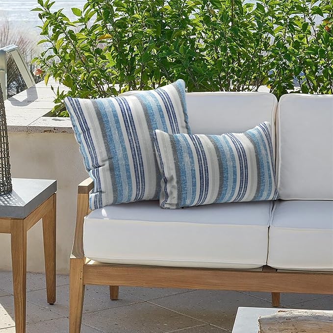 Outdoor Lumbar Pillows 12x20 inch, Rectangle Throw Pillows with Inserts, Decorative Lumbar Cushions for Patio Furniture Garden Couch Home Sofa Office Chair, Pack of 2, Stripe Layered Blue