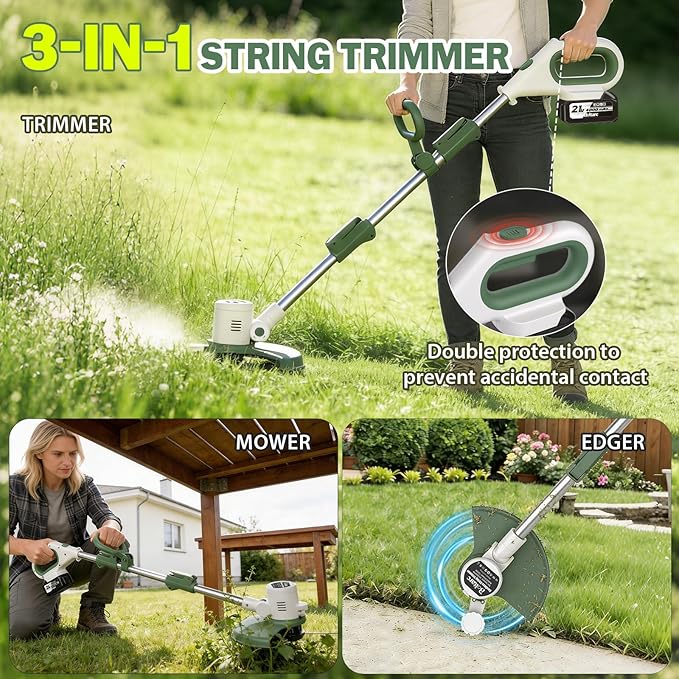 21V 3-in-1 Cordless Weed Eater-Weeding/Trimming/Lawn Mower, with 8 Replace Auto Line Feed, Electric Grass Trimmer for Garden, Lawn, 120 Mins of Non-Stop (2x4.0 mAh Battery Included)