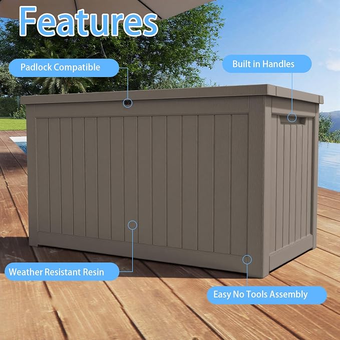 AmaVins Outdoor Storage Box, 230 Gallon Deck Box Indoor and Outdoor Use, Waterproof Resin Storage Bin for Package Delivery, Patio Cushions, Gardening Tools, Lockable, UV Resistant, Light Coffee