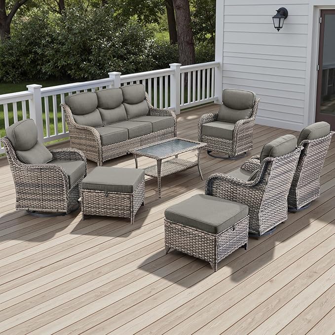 Rilyson Wicker Outdoor Patio Furniture Set - 8 Piece Patio Conversation Sets with Swivel Rocker Chairs, Ottomans, Sofa and Table, 6 inch Cushions, Deep Seating, for Porch Deck Mixed Grey/Grey