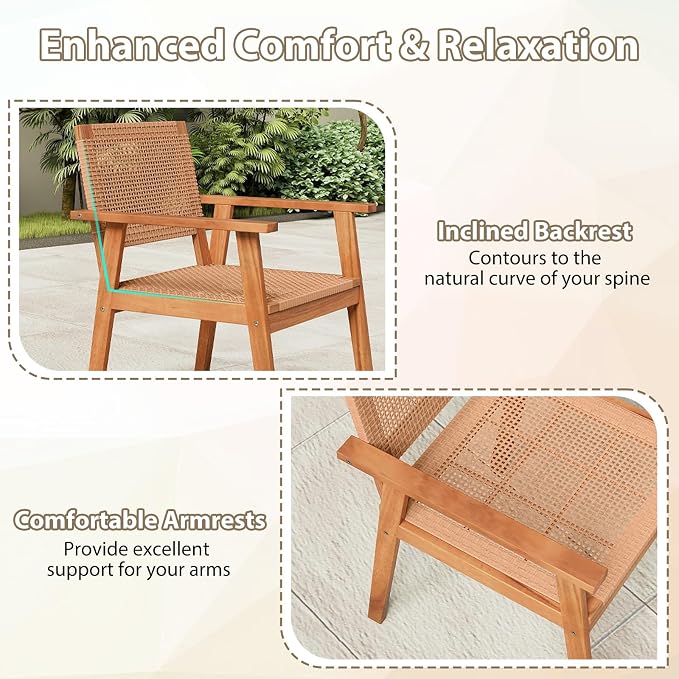 COSTWAY Outdoor Dining Set for 4, 5 Pieces Acacia Wood Table and Armchairs Set with Rattan Backrest and Seat, Adjustable Foot Pads for Patio, Backyard, Deck, Poolside