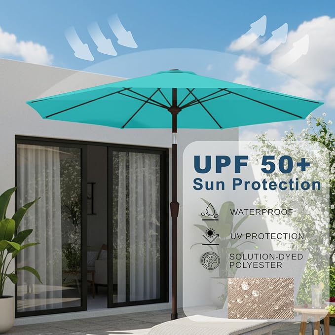 9ft Patio Umbrella with Push Button Tilt and Crank,Outdoor Market Table Umbrella UV Protection 8 Sturdy Ribs for Backyard,Garden,Pool,Deck(Peacock Blue)