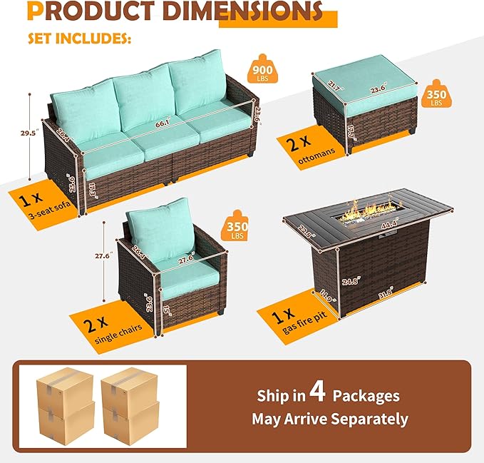 UDPATIO Patio Furniture Set with 44" Fire Pit Table, 6 Pieces Outdoor Sectional Conversation Sets, All-Weather Wicker Rattan Sofa Ottoman with 4" Thick Cushion for Garden Backyard Deck, Light Blue