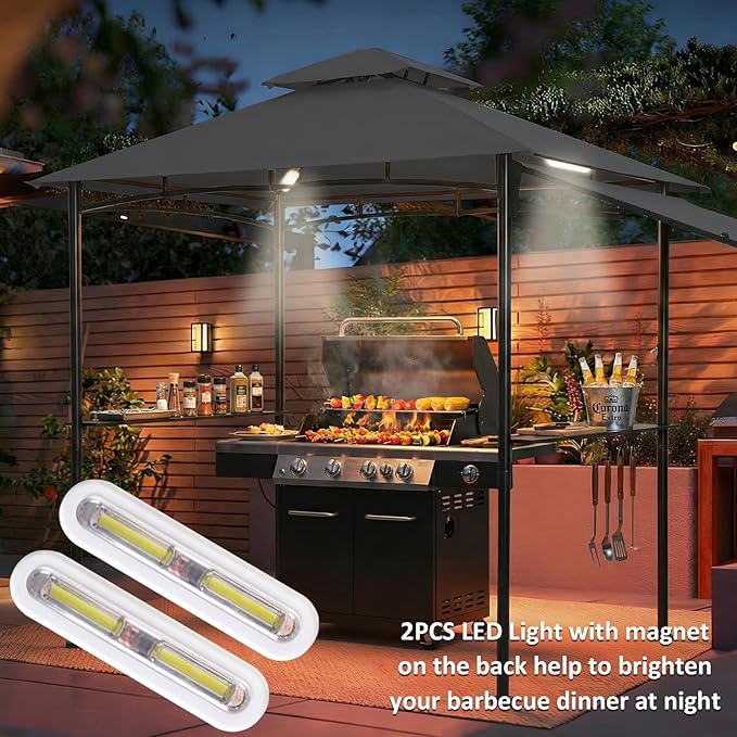 FAB BASED 5x8 Grill Gazebo with Extra Awning, All-Weather Steel Construction, Double Tiered & Resistant Canopy Roof, Metal Serving Shelves, 2 LED, Bottle Opener for Patio, Backyard, BBQ (Dark Gray)