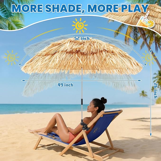 Aliceset 2 Pack Beach Chair Umbrella, 360° Adjustable Tiki Straw Clip on Umbrella, UV Protection, 52 Inch, 180° Swivel Hinge, 8 Ribs Sun Shade for Tropical Patio Camping Pool Fishing Sand Rv Travel