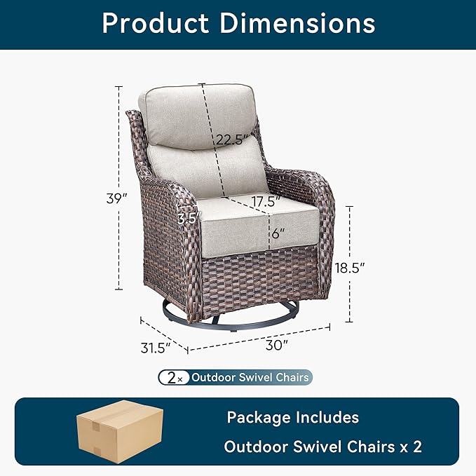 Luxury Wicker Patio Furniture Set-High Back Outdoor Swivel Chairs Set of 2 with 6" Thick Cushions Wide Armrest All Weather Patio Conversation Sets for Deck Porch Balcony(Brown/Beige)