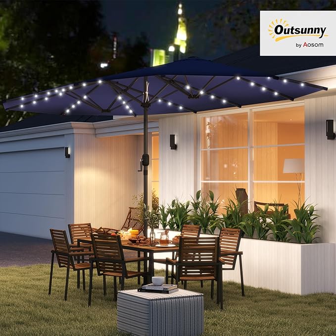 Outsunny 14.8ft Double Umbrella, Large Outdoor Patio Sun Shade with LED Solar Light for Garden