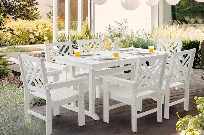 7 Piece HDPE Outdoor Dining Set for 6, Patio Dining Furniture Set with Umberlla Hole, Weather Resistent Outdoor Table and Chairs for Garden, Poolside, Backyard, Deck,White
