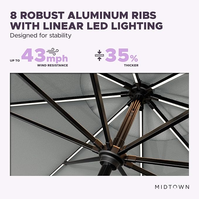 Midtown Umbrellas The LED Swilt 10 Feet Patio Umbrella With Terylast Matter (Grey) Polyester Fabric - Auto-Tilt Aluminum Frame With LED Lights For Backyard, Deck, Garden, Pool - Black Pole