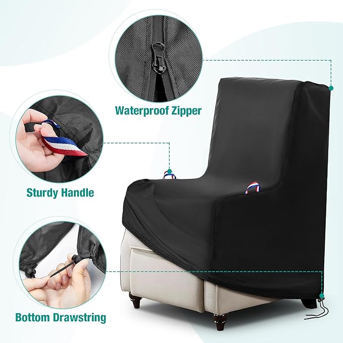 Outdoor Chair Covers Waterproof, 600D Waterproof Recliner Chair Covers, Patio Chair Covers for Outdoor Recliner Chair with 2 Handle & Zipper, Black