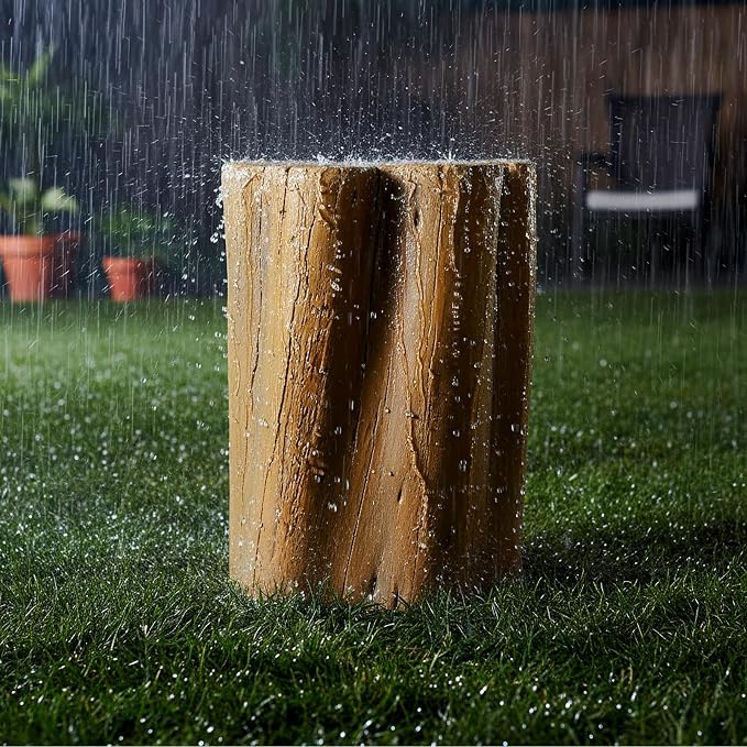 Outdoor Side Table, Fiber Reinforced Concrete Patio End Table, 17.9 Inch Natural Wood Look Garden Stool Statue with Crack Texture Design for Patio, Garden, Porch, Poolside