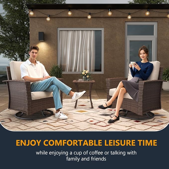 3 Pieces Outdoor Patio Furniture Set, Wicker Patio Sectional Set Conversation Wicker Swivel Chairs with Small Side Table