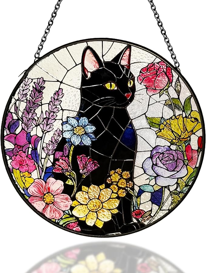 Cat Stained Glass Suncatcher Window, Hanging Sun Catchers Indoor Window, Suncatcher for Mom/Women (Black Cat & Flower)