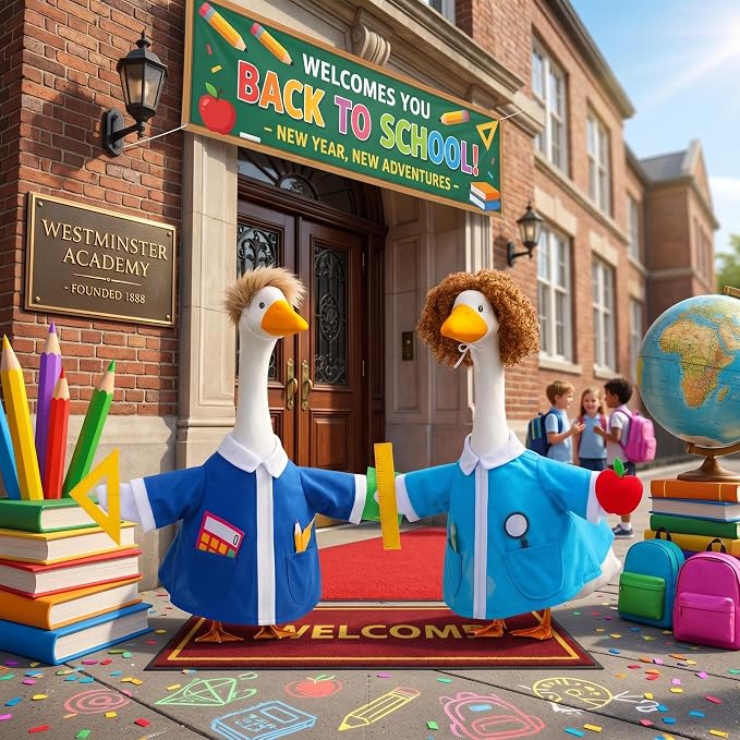 Abbylike 2 Set Back to School Porch Goose Outfit Teacher Classroom Yard Goose Costume Clothes with Book and Ruler Fits 23'' Cement for First Day of School Patio Lawn Garden Pathway Statue Decorations