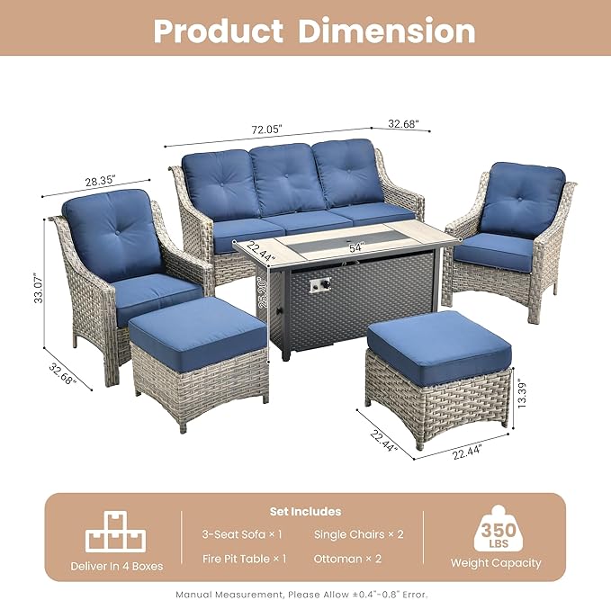 HOOOWOOO Patio Furniture Set,6 Pieces Wicker Outdoor Furniture,High Back Conversation Set with All Weather Resistant Fire Pit Table Couch Chairs Ottomans,Navy Blue