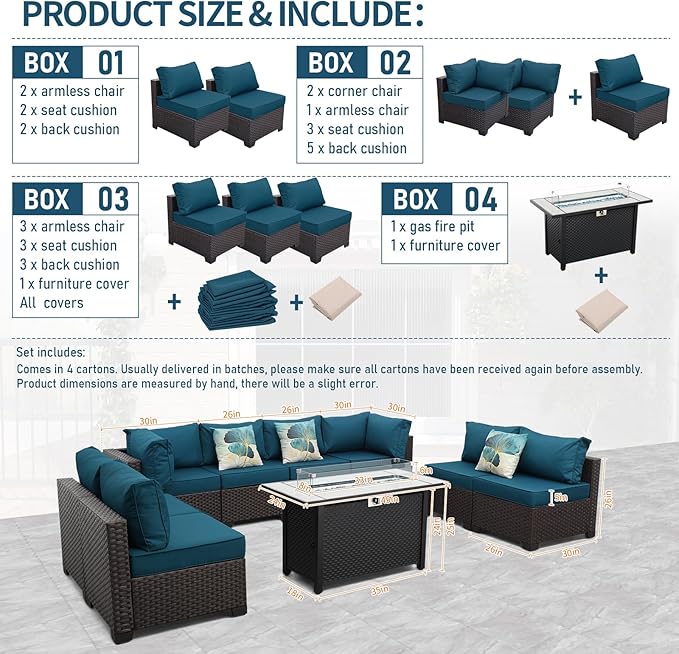 9 Pieces Wicker Patio Furniture Set Outdoor PE Rattan Sectional Conversation Sofa Set with Peacock Blue Cushions and 45 Gas fire Pit Table