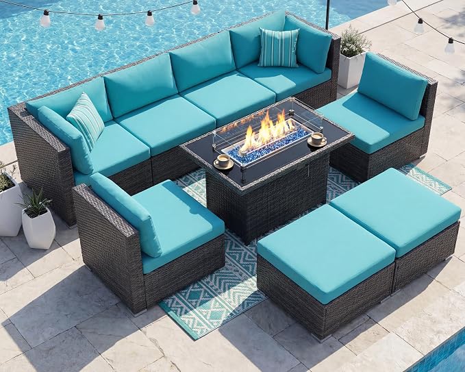RADIATA 9 Piece Wicker Patio Furniture Set with Fire Pit, All-Weather Outdoor Sectional Couch High Back Large Size, Modular Backyard Seating Sofa Set with Propane/Natural Gas Firepit Table, Grey&Teal