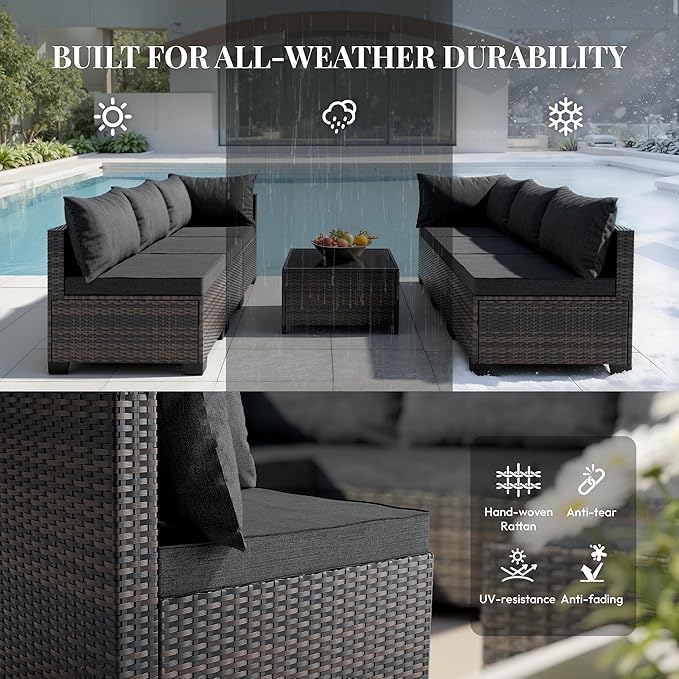 WWR Patio Furniture Set - All-Weather,Water-Resistant - 7 Piece Patio Wicker Rattan Sectional Sofa, Modular Outdoor Conversation Set for Backyard, Garden, Poolside, Balcony, Brown/Dark Gray
