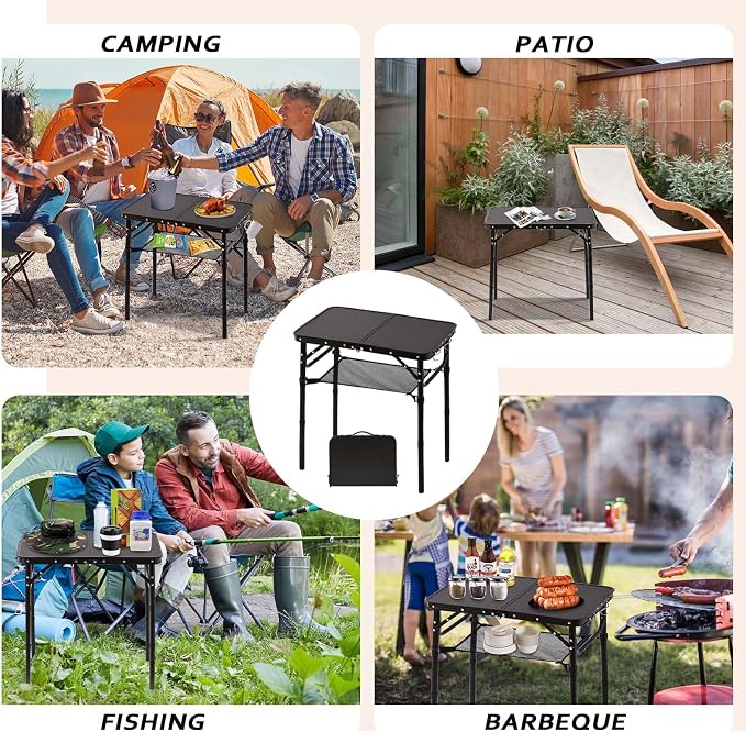 YihuiKo Folding Picnic Table with Storage Net, Matte Black Aluminum Folding Table 23.6" x 15.8", Adjustable Height Max 27.5", Lightweight Portable for Camping Travel Indoor