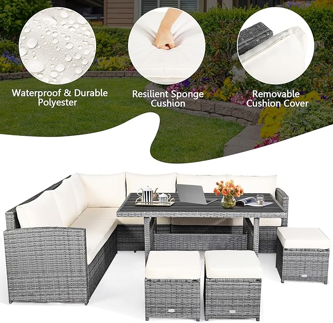 HAPPYGRILL 7 Pieces Rattan Wicker Patio Conversation Set, Outdoor Patio Furniture Set with Cushions, Rattan Sofa Set with Dining Table & Ottomans for Poolside Backyard Balcony Garden (Beige)