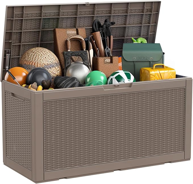 Resin Deck Box, Lockable Patio Outdoor Storage Box for Furniture, Garden Tools and Tools Storage, Waterproof Outside Storage Boxes (Grey, 100 Gallon)