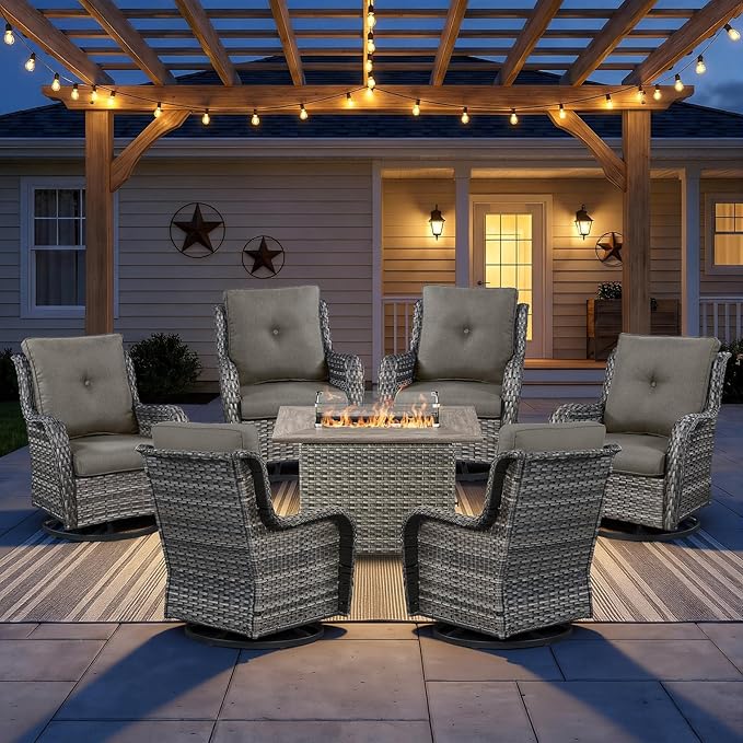 7 Piece Patio Furniture Set with 41" Fire Pit Table - High Back Swivel Glider Patio Chairs Set of 6, All Weather Deep Seating Outdoor Conversation Set for Porch Deck Yard Pool Brown