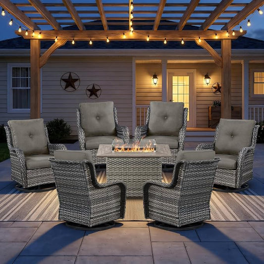 7 Piece Patio Furniture Set with 41" Fire Pit Table - High Back Swivel Glider Patio Chairs Set of 6, All Weather Deep Seating Outdoor Conversation Set for Porch Deck Yard Pool Brown