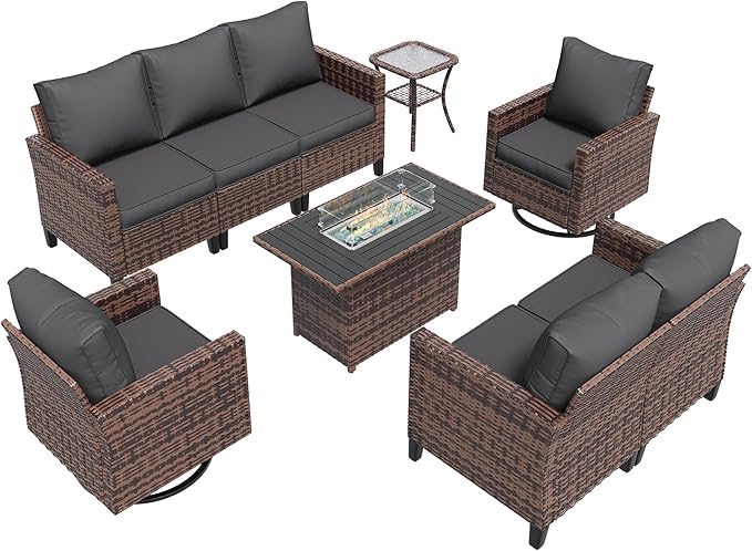 Amopatio Patio Furniture Set, 6-Piece Wicker Outdoor Sectional Sofa with Swivel Rocker Chairs, All-Weather Rattan Conversation Set with Fire Pit Table and Waterproof Cover for Backyard Brown/Grey